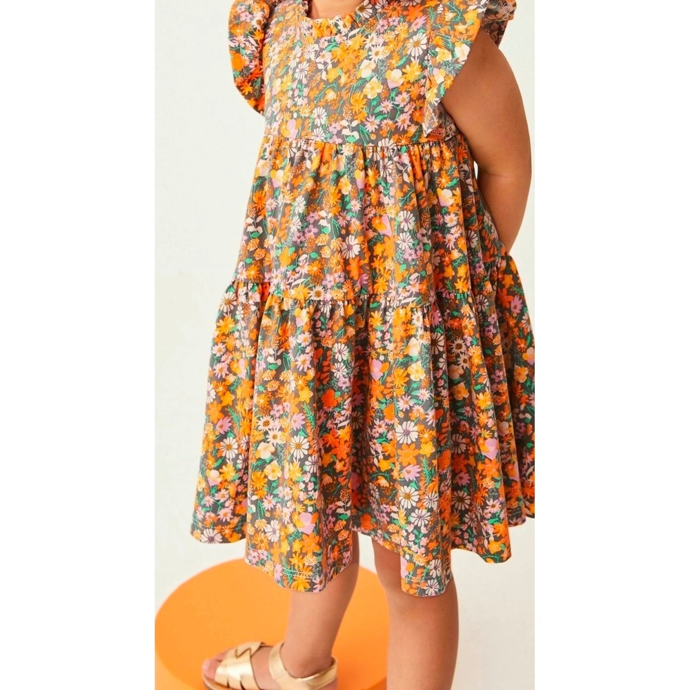 Next Kids Girls Floral Tiered Ruffle Dress Orange Pink Blue Cotton Size 6-7Y